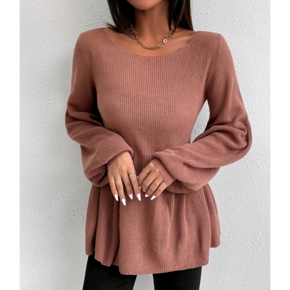 Round neck Bishop Sleeve Ruffle Hem Sweater - Picture 7 of 10
